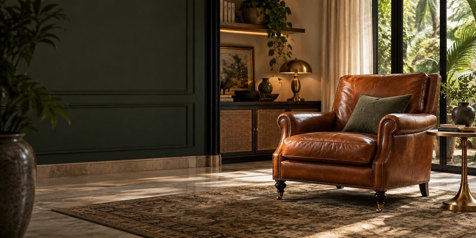 Restored leather armchair in a bright living room
